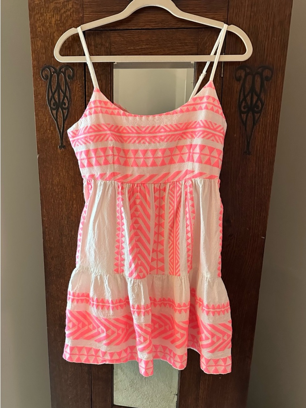 Mi Ami Neon Pink & White Aztec Patterned A-Line Mini Sundress Festival Size L